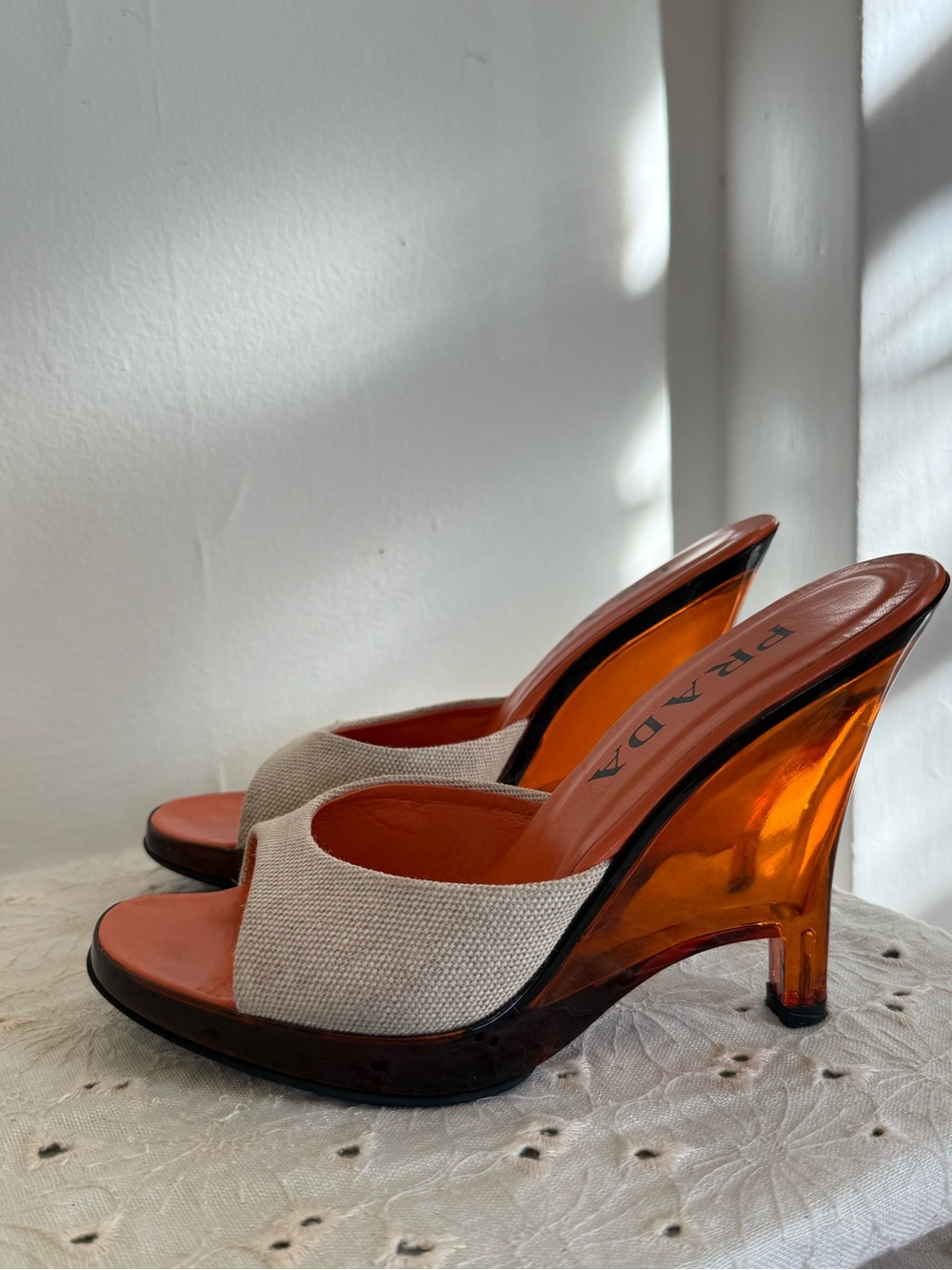 PRADA SS1998 Orange Canvas Amber Plastic Wedge Mules Heels Vintage Archive 6.5/7
